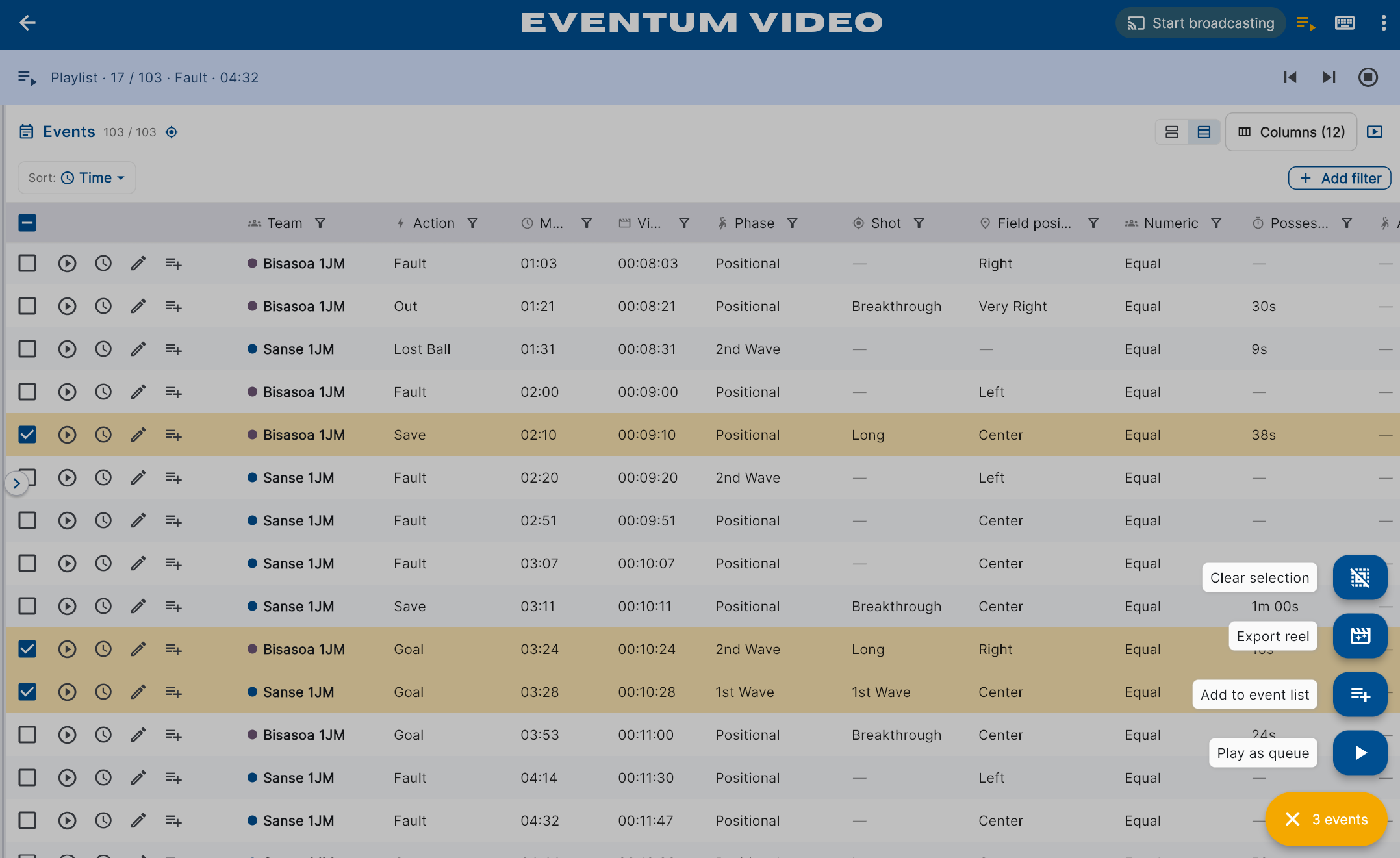 Tableau des actions Eventum Video avec colonnes équipe, action, phase et tir